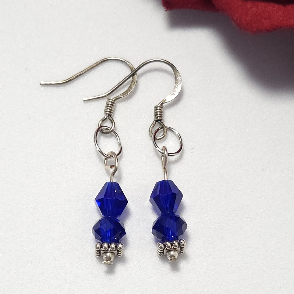 Handmade Cobalt Blue Crystal Silver Dangle Earrings Handmade By Me - Picture 6 of 6